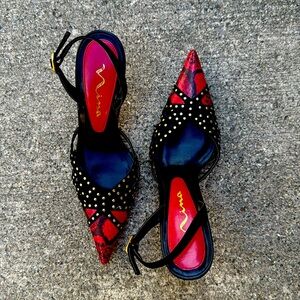 NINA Red Black Pointy Toe Silver Stud Reptile Print Leather Sole 5.5M Shoes